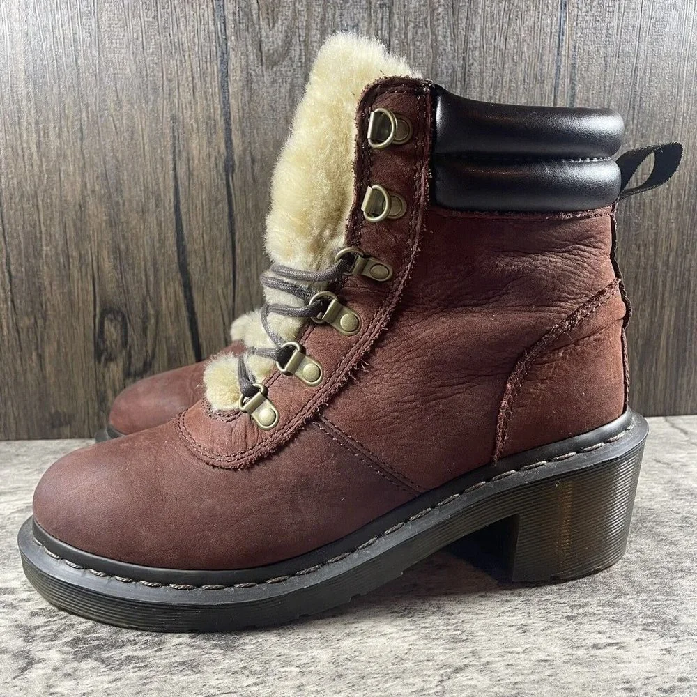 Dr Martens SYLVIA Boot 6 Eye Brown Shearling Lined Womens Platform Size 7 - Picture 4 of 8